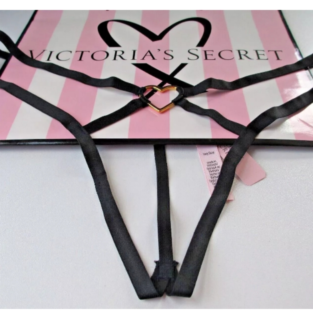 VICTORIA'S SECRET VERY SEXY Black Crotchless V-String Thong Panty Open Front